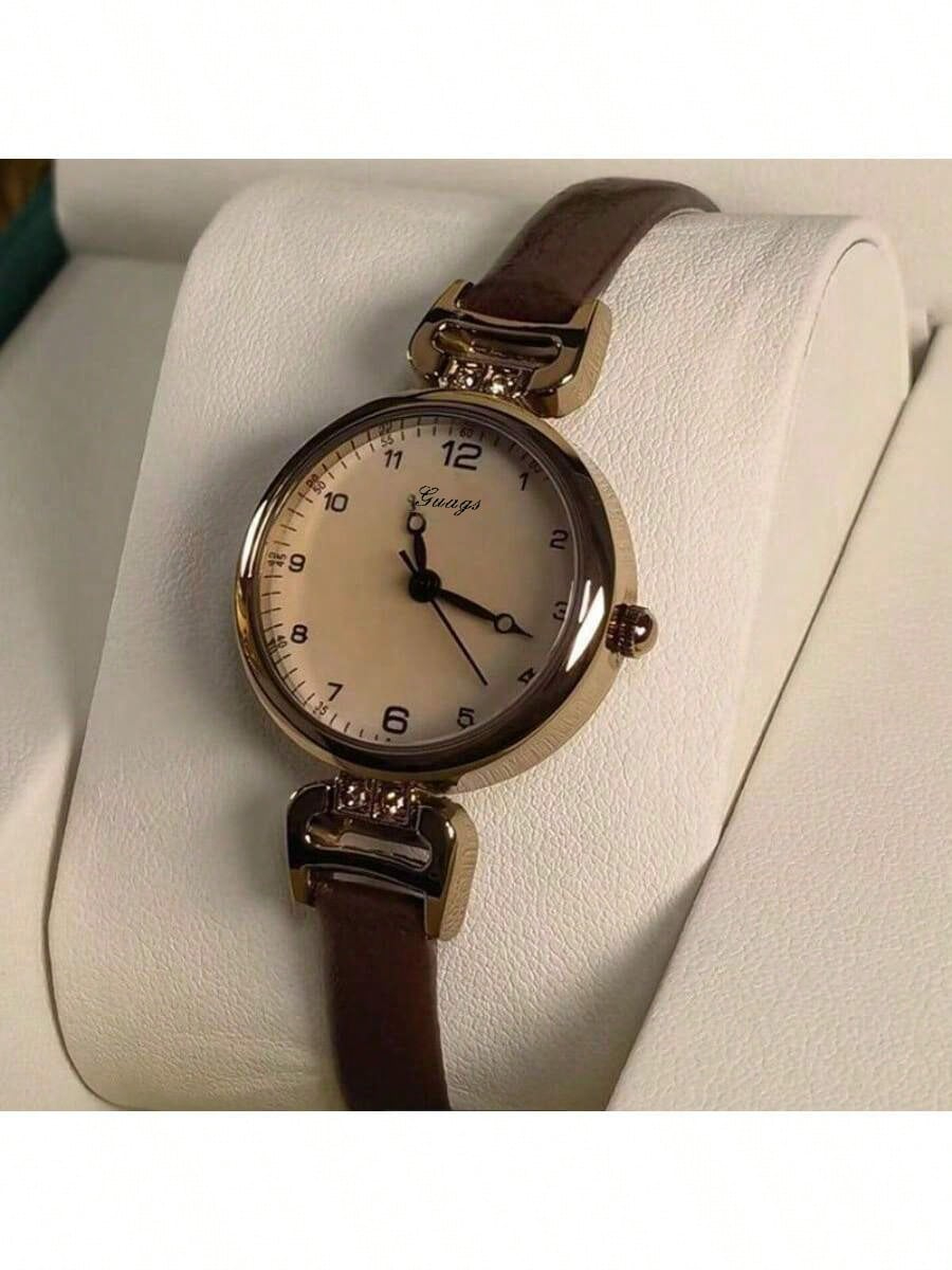 1pc Women's PU Leather Strap Round Digital Small Dial Vintage British Style Niche Luxury Quartz Watch, Suitable For Daily Wear
