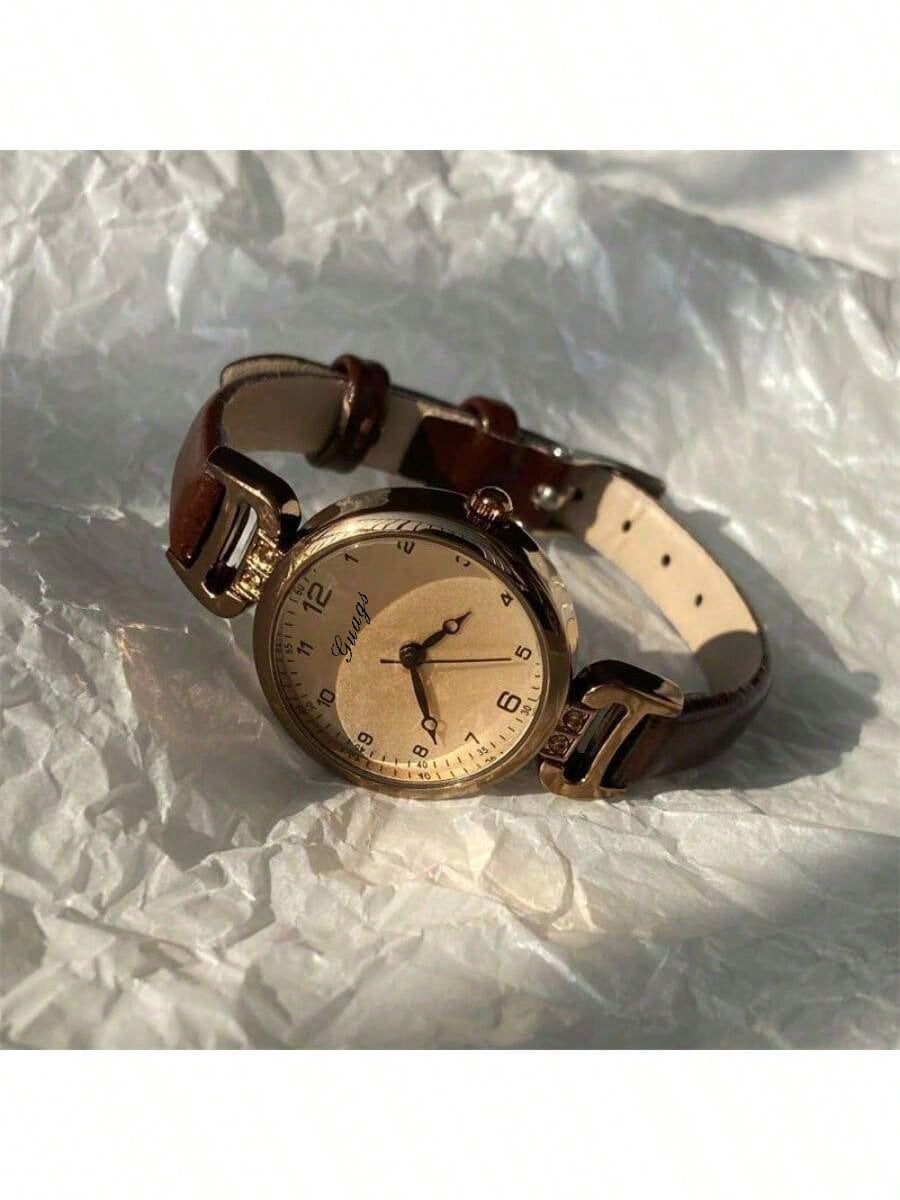 1pc Women's PU Leather Strap Round Digital Small Dial Vintage British Style Niche Luxury Quartz Watch, Suitable For Daily Wear