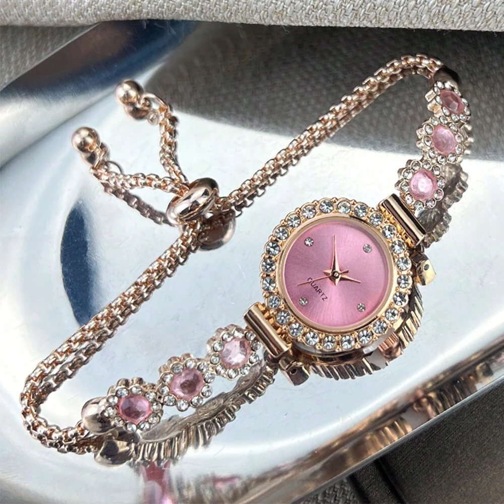 1pc Women's Pink Crystal Beaded Drawstring Bracelet With Crystal Inlaid Alloy Watch Case, Simple Diamond Scale Dial, Elegant & Fashionable Quartz Watch As A Gift For Students Returning To School