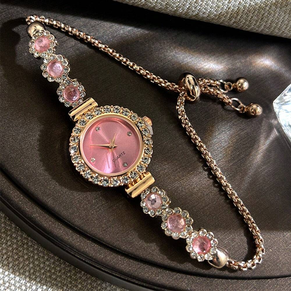 1pc Women's Pink Crystal Beaded Drawstring Bracelet With Crystal Inlaid Alloy Watch Case, Simple Diamond Scale Dial, Elegant & Fashionable Quartz Watch As A Gift For Students Returning To School