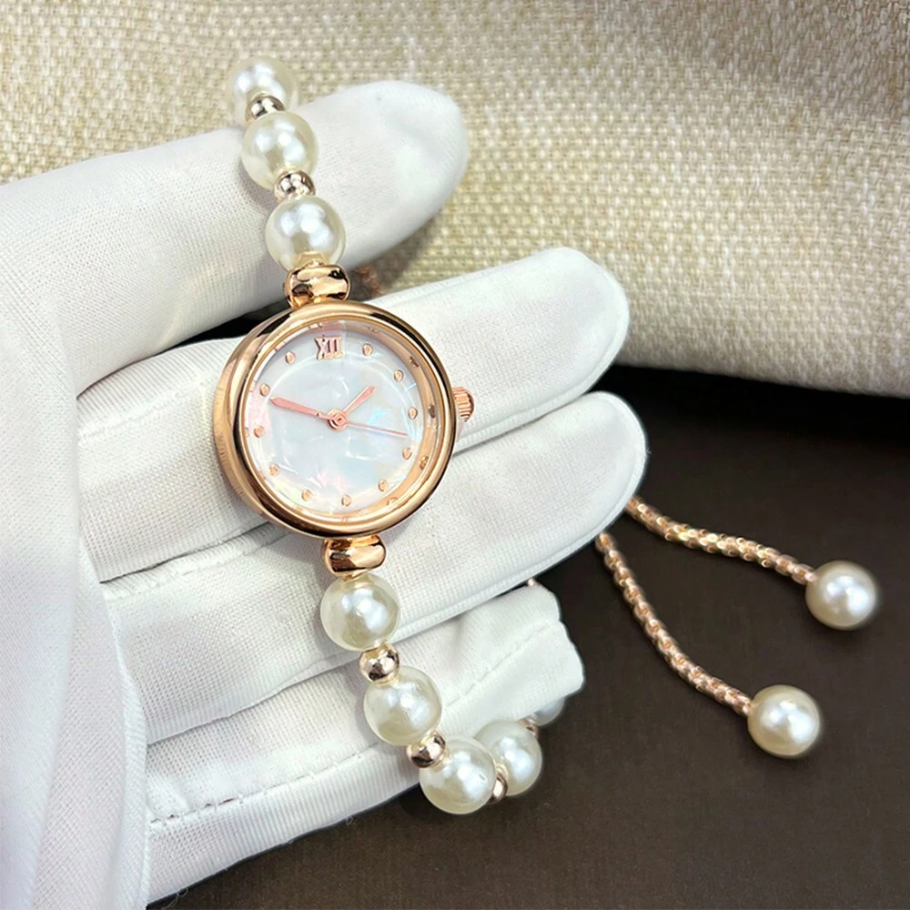 1pc Ladies' White Pearl Beaded Drawstring Alloy Rose Gold Watch Casing Luxury Mother Of Pearl Textured Dial Elegant Quartz Watch Suitable For Party Decor As A Gift For Students Returning To School