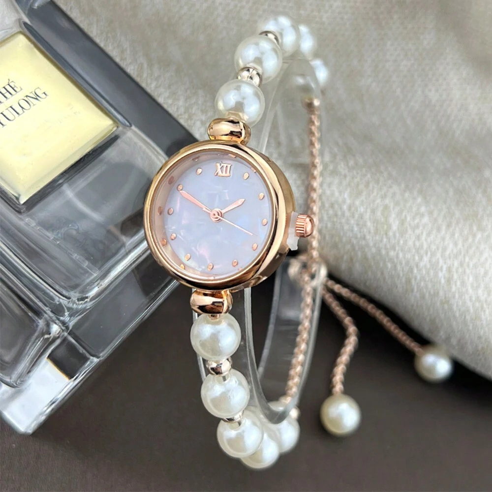 1pc Ladies' White Pearl Beaded Drawstring Alloy Rose Gold Watch Casing Luxury Mother Of Pearl Textured Dial Elegant Quartz Watch Suitable For Party Decor As A Gift For Students Returning To School