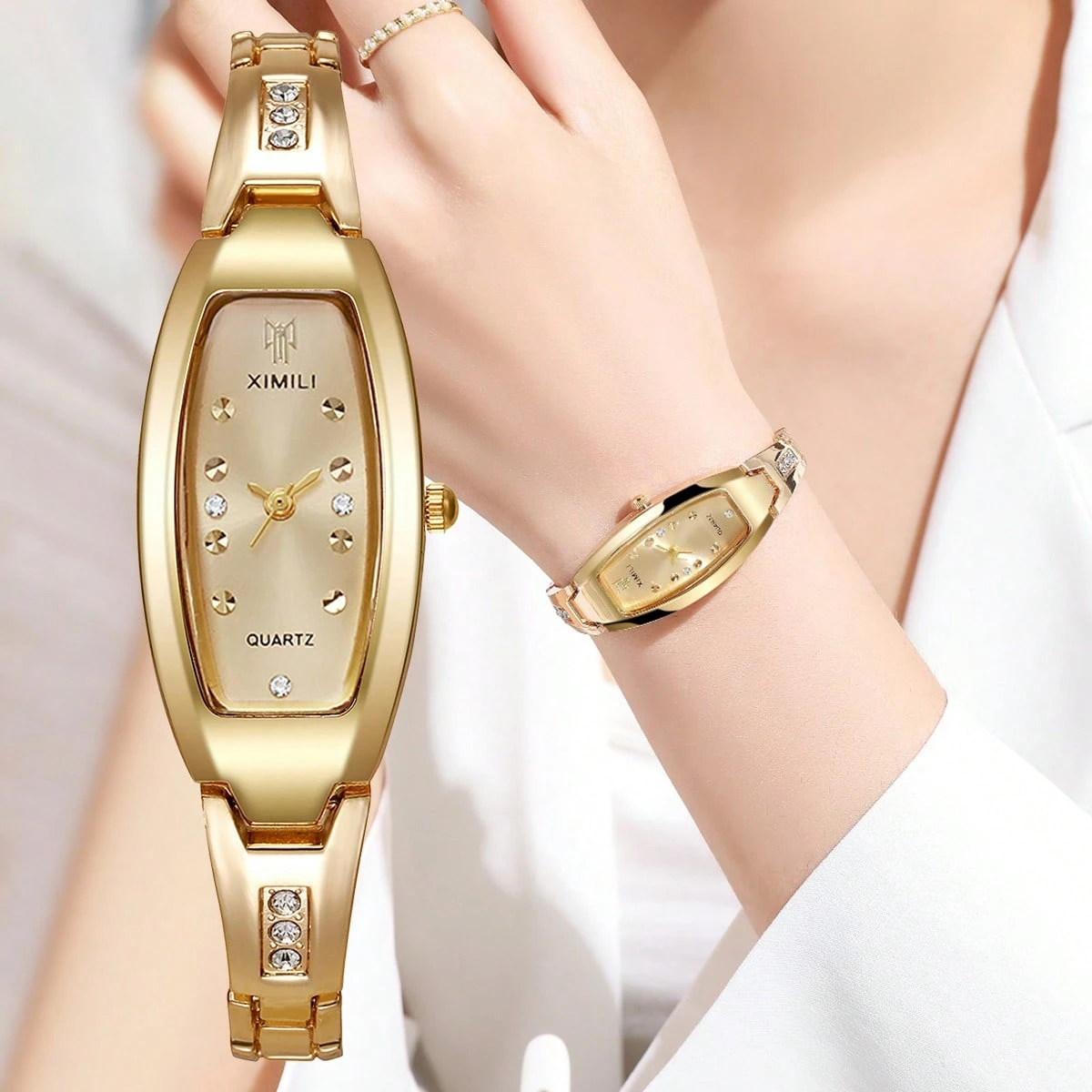 1pc Women's Stylish Casual Quartz Wrist Watch With Rhinestone Decorated Dial And Steel Strap, No Watch Box Included