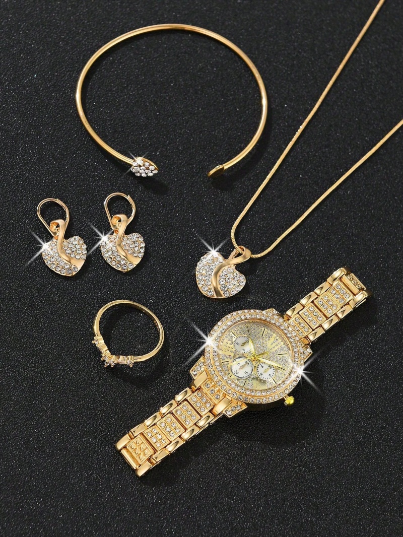 6PCS, Women's Watch, Gorgeous Style Women's Quartz Watch With Alloy Steel Band, Rhinestone Set, Three-Eye Roman And Alloy Gold Jewelry Set, Heart Point Rhinestones, Suitable For Evening Parties Valentines