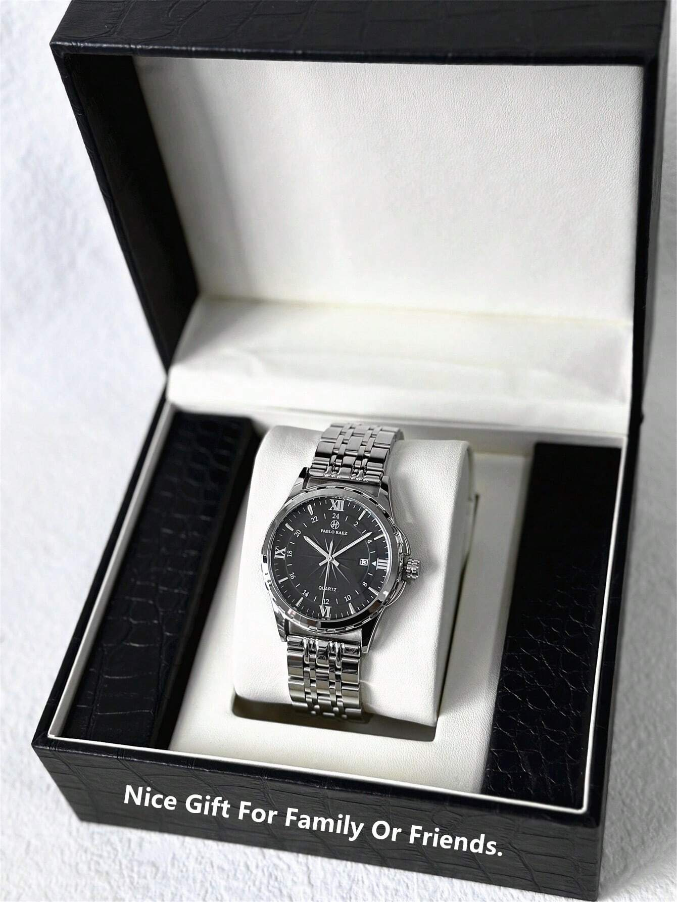 Pablo Raez 1pc Original Men's Vintage Watch Stainless Steel Summer Beach Accessories Luxury Watch 50m Waterproof Simple Jewelry Calendar Clock Men Steel Bracelet Chain No Fading Silver Jewelry Brand New Casual Fashion Charming Quartz Men's Watch Luminous Hands Roman Numerals And Bar Markers Black Premium Business Watch