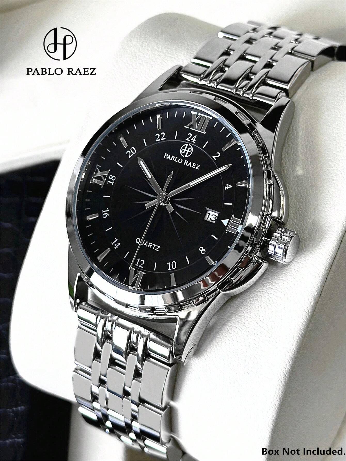 Pablo Raez 1pc Original Men's Vintage Watch Stainless Steel Summer Beach Accessories Luxury Watch 50m Waterproof Simple Jewelry Calendar Clock Men Steel Bracelet Chain No Fading Silver Jewelry Brand New Casual Fashion Charming Quartz Men's Watch Luminous Hands Roman Numerals And Bar Markers Black Premium Business Watch