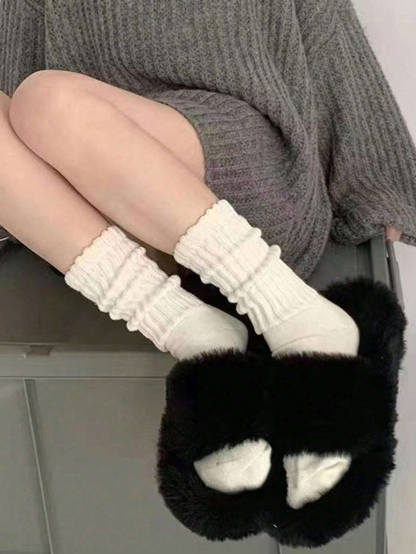 3 Pairs White Women Mid-Calf Socks,Casual Simple Fashion Daily Wear,Warm Comfort Soft Elastic And Durable Mid Calf Socks