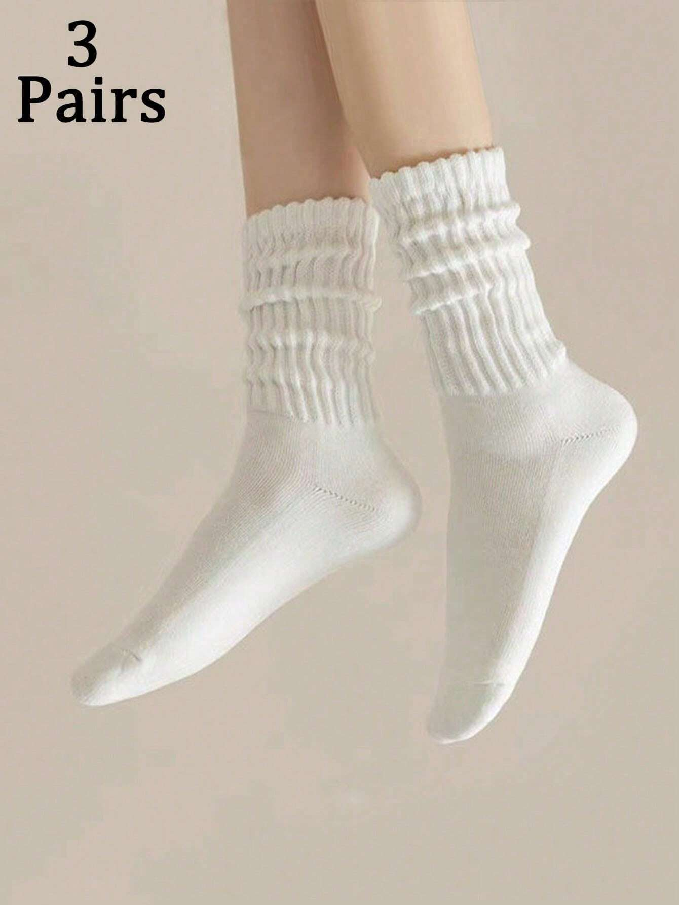 3 Pairs White Women Mid-Calf Socks,Casual Simple Fashion Daily Wear,Warm Comfort Soft Elastic And Durable Mid Calf Socks