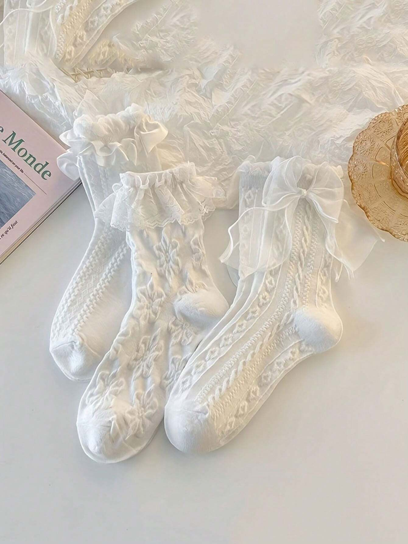 6 Double Texture Lace Embellished Socks, Lovely And Soft Socks For Women's Mid-Tube Socks Valentine's Day Valentines
