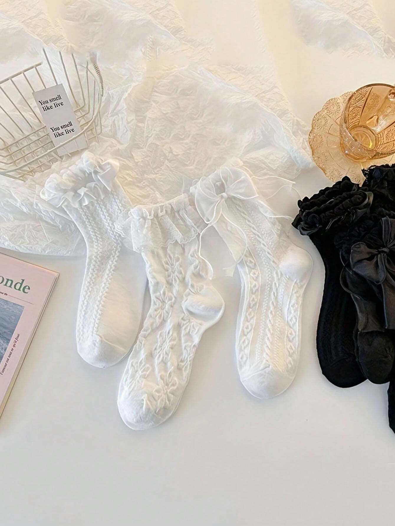 6 Double Texture Lace Embellished Socks, Lovely And Soft Socks For Women's Mid-Tube Socks Valentine's Day Valentines