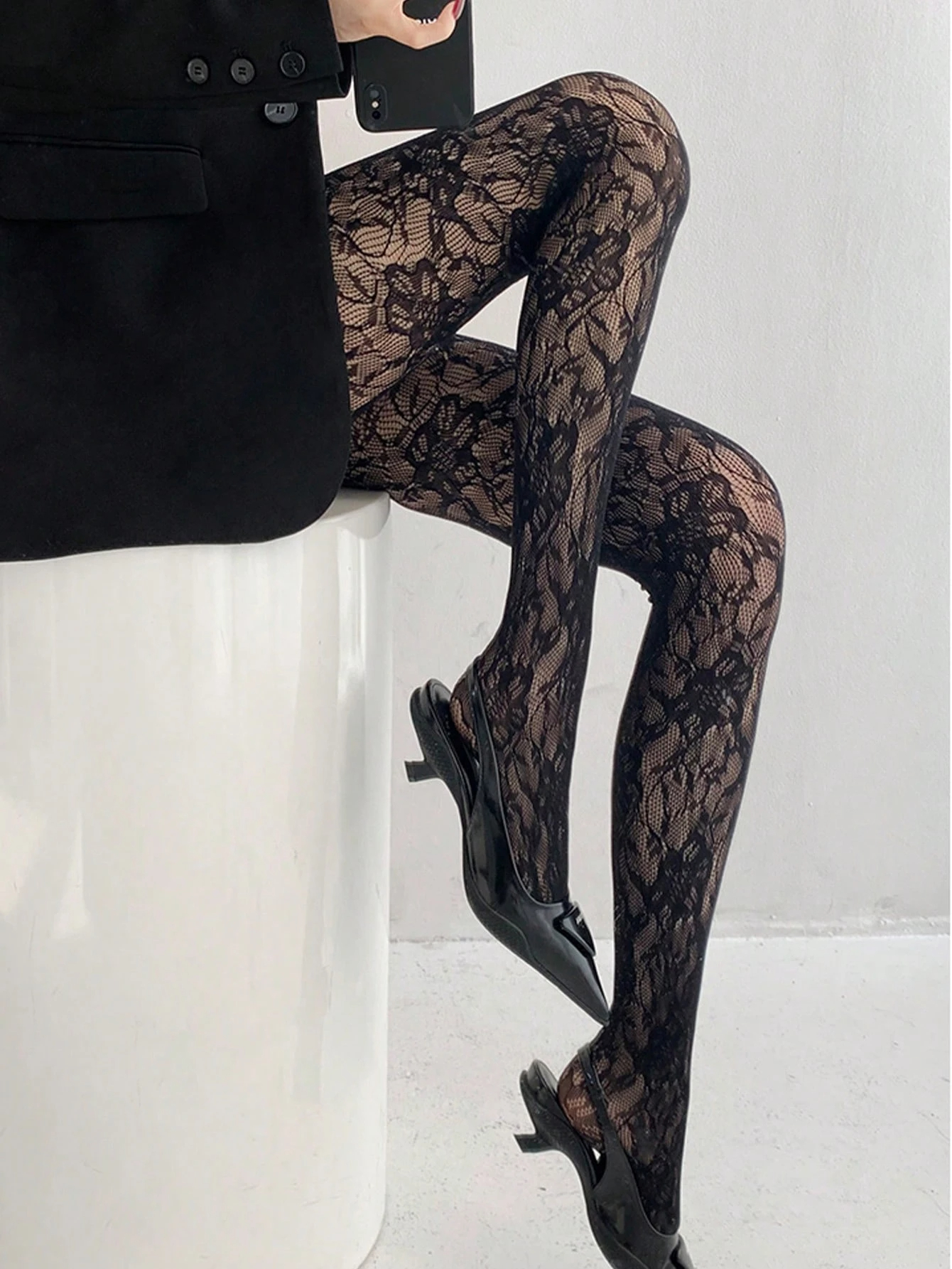 New Vintage French Floral Rose Pattern Fishnet Pantyhose, Openwork Sexy Black Fishnet Stockings