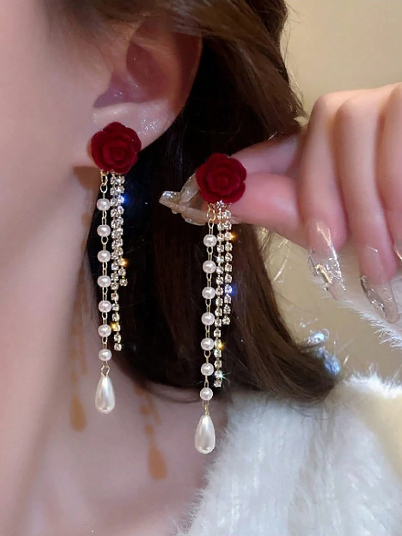 1 Pair Elegant Burgundy Flocked Flower & Pearl Drop Earrings, French Vintage Heart Rose Chain Dangle Earrings For Women Valentines