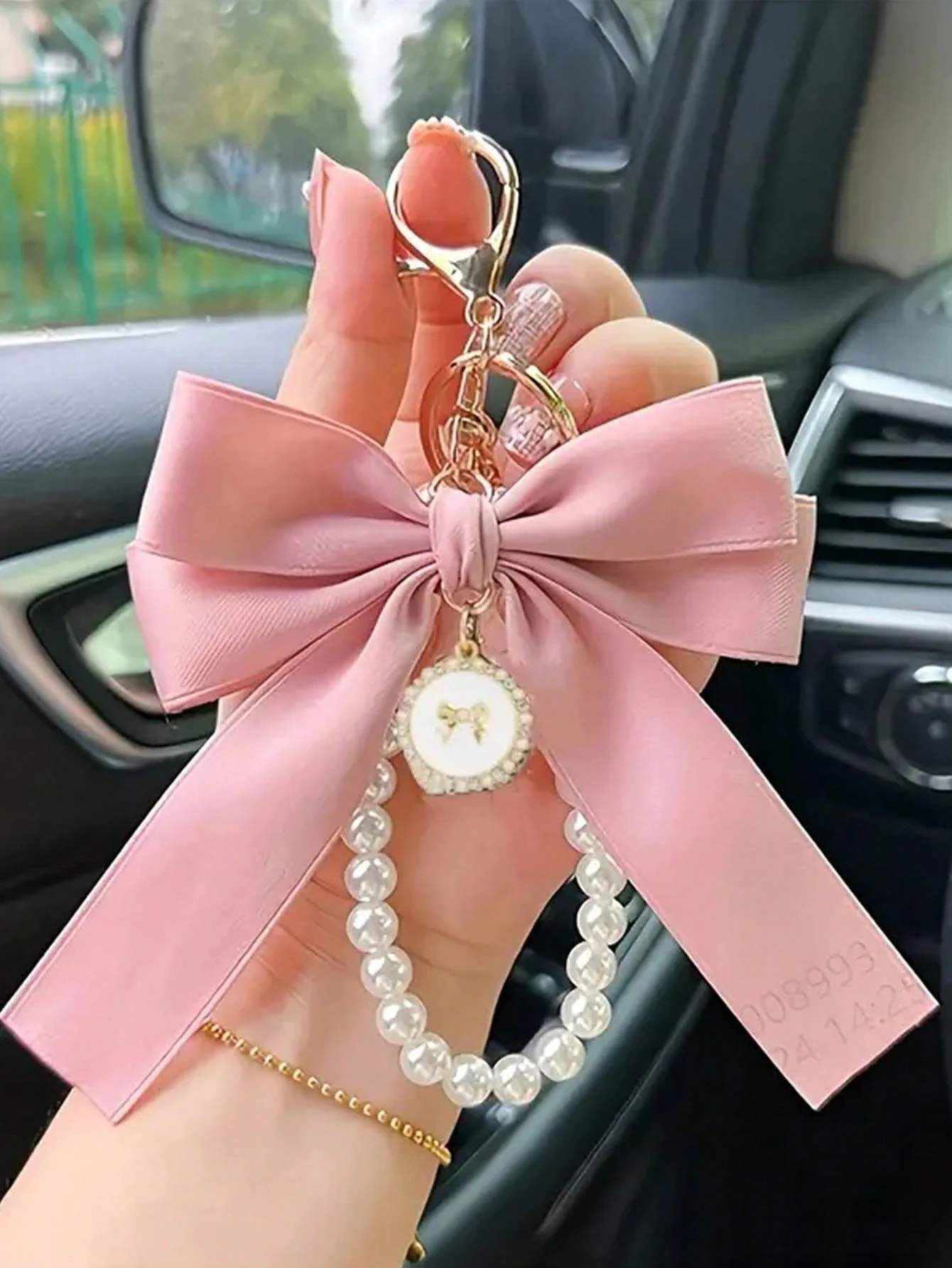 1pc Charming Pink Bow & Pearl Beaded Keychain Wristlet - Polyester, Butterfly Inspired Design, Suitable For Keys, Wallet, Phone - Fashionable Women's Accessory Car Accessories Bag Charm School Pearl Cute Goth Y2k