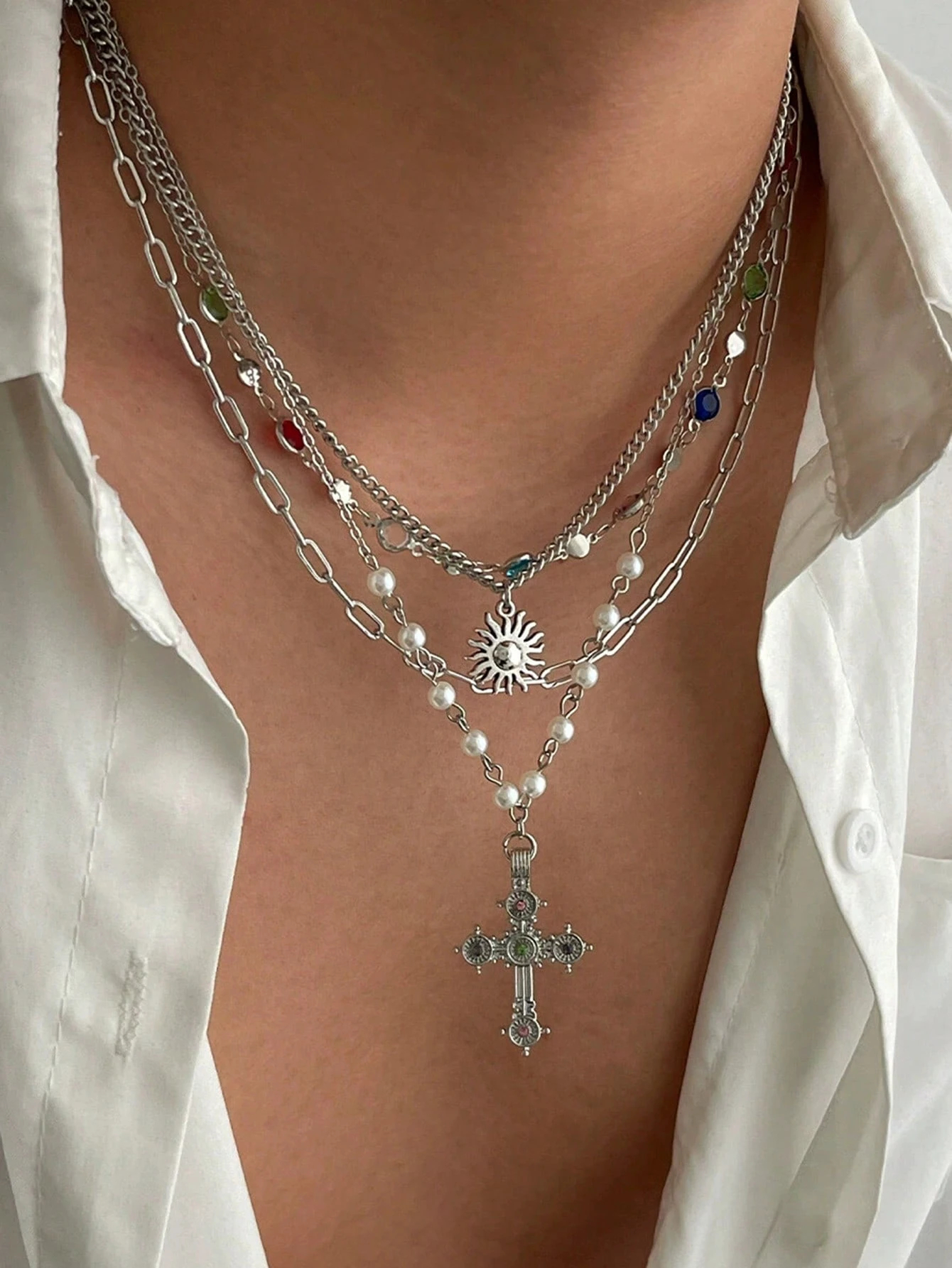 4pcs/Set Vintage Luxurious Multi-Color Crystal Cross Pendant Necklace, Men's Casual Daily Clothing Accessory, Great Gift For Holidays