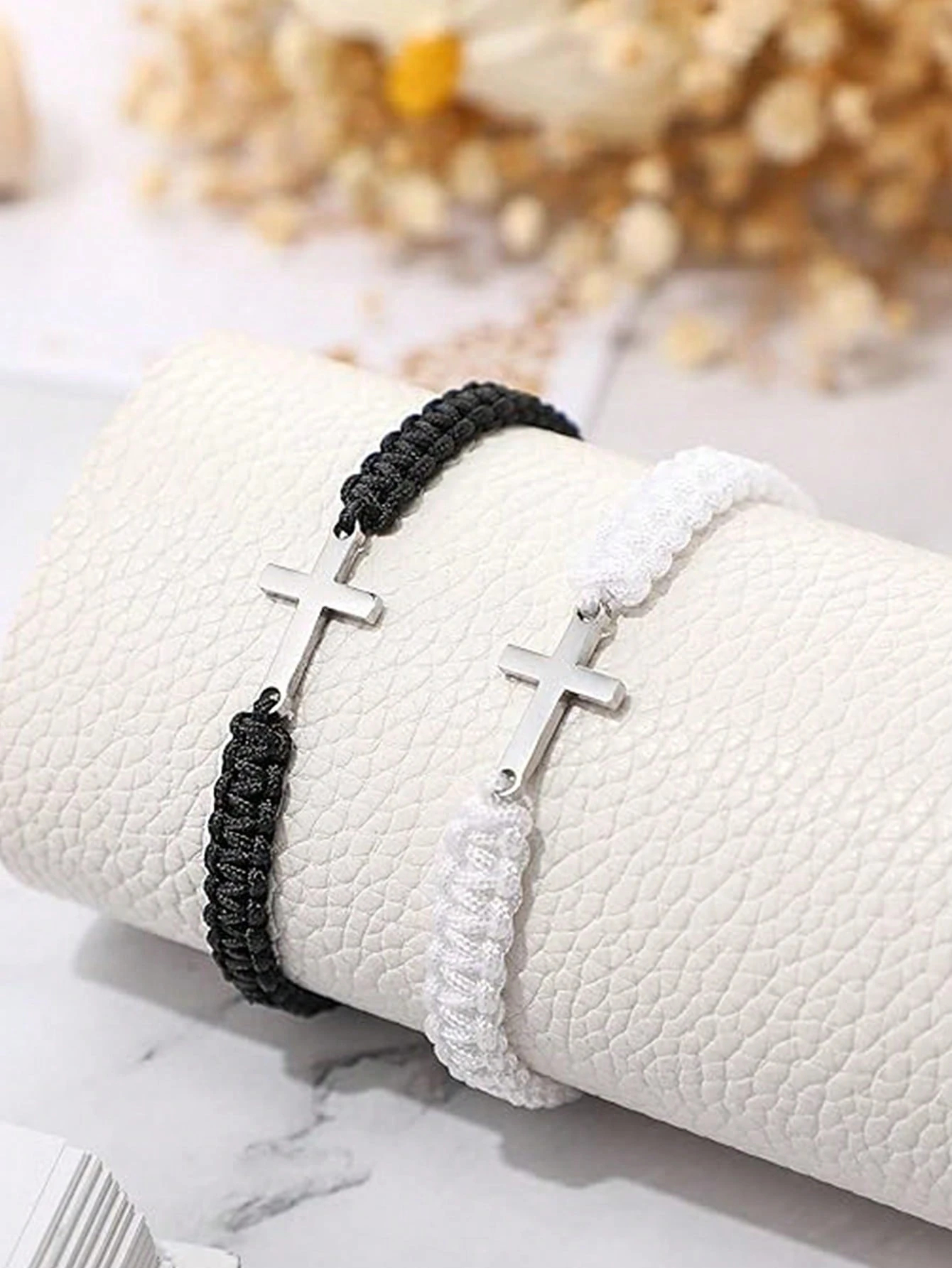 1pc Black Beaded Silver Cross Pendant Handmade Braided Adjustable Bracelet, Suitable For Daily Wear
