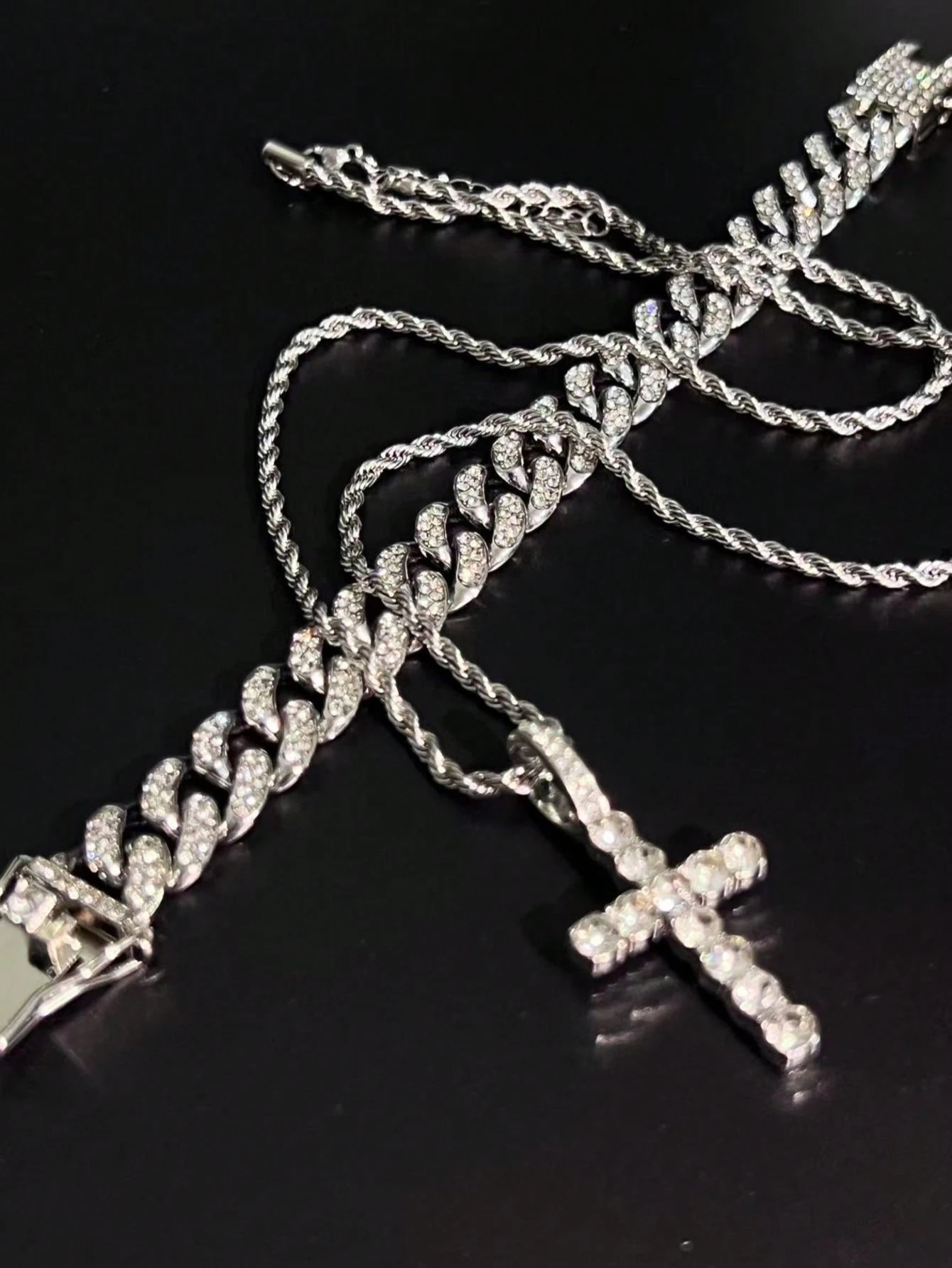 3pcs Hip Hop Fashion Jewelry Set, Stainless Steel Men's Cross Necklace With Layered Cuban Link Chain,Chains Iced Out Bracelet ,Perfect Gift For Men And Women