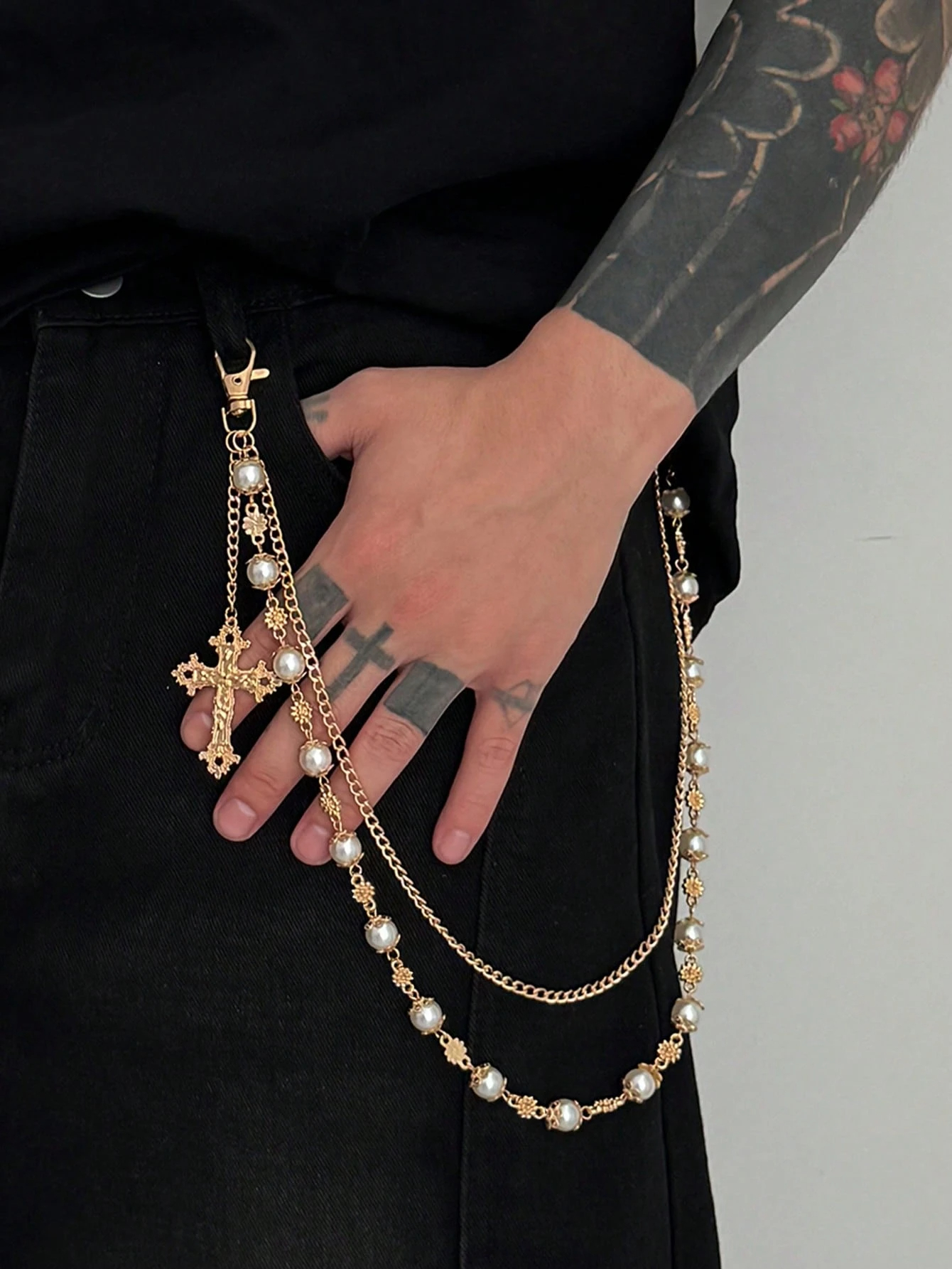 1pc Fashion Casual Minimalist Faux Pearl Pants Chain, Men's Personalized Hip Hop Charm Cross Body Chain, For Pants Decoration, Daily Party Outfit Accessory, Holiday Gift