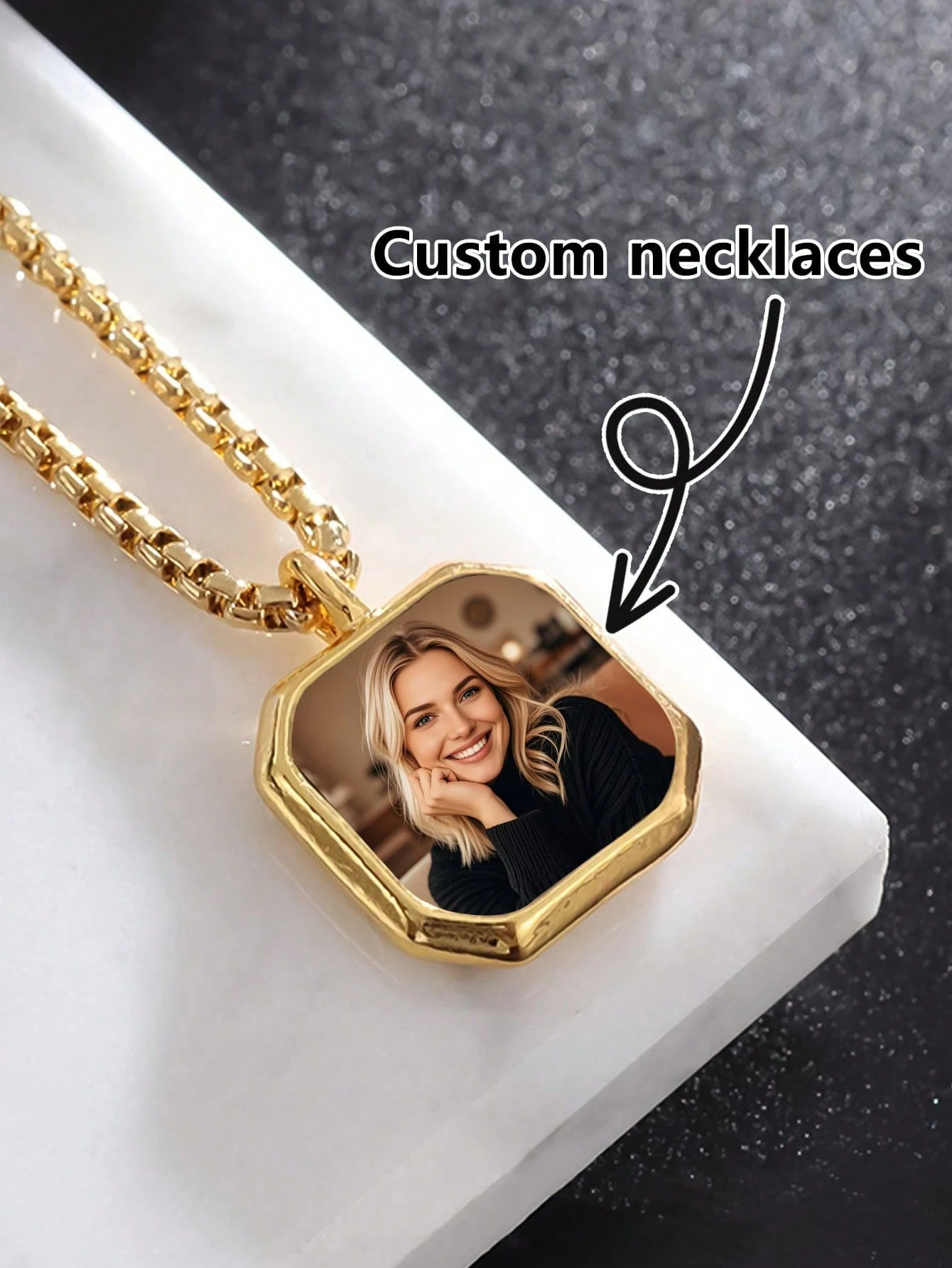 1pc Customized Photo/Text Stainless Steel Necklace With Black Square Pendant, Suitable For Layering With Hoodies, Sweaters, Fashion Jewelry Gift For Family, Friends, Lovers