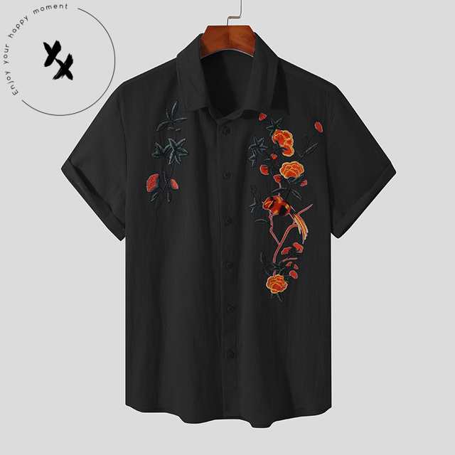 Short Sleeve Cotton/linen Blend Art Embroider Summer Shirts For Man's Summer Casual