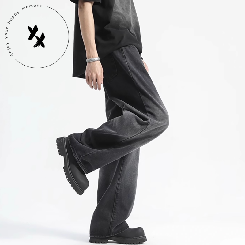 Long Baggy Tie Dye Drop Crotch Washed Button Front Pocket Jeans Windproof Pants Gradation Color Men's Straight Barrel Jeans 