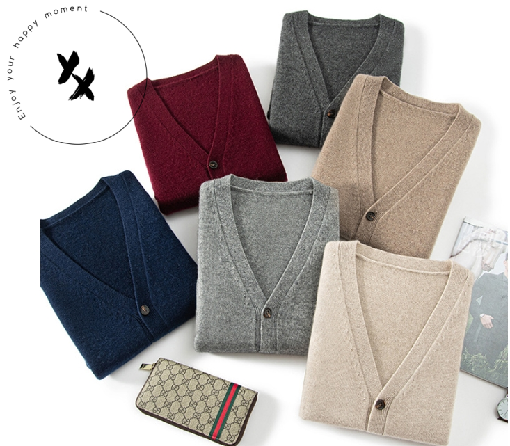 Inner Mongolia winter V-neck wool cardigan casual knitted 100% cashmere men's wool sweater cardigan