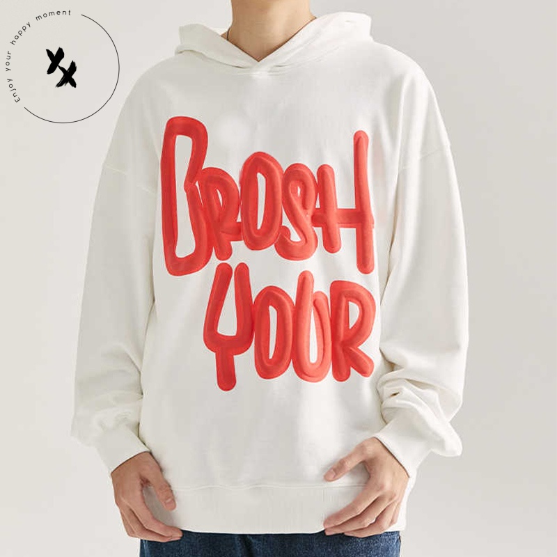 High Quality Foam Print Men Foam Printed Casual 100% Cotton Fleece 300gsm 400gsm Cotton Oversized Streetwear Pullover Hoodie