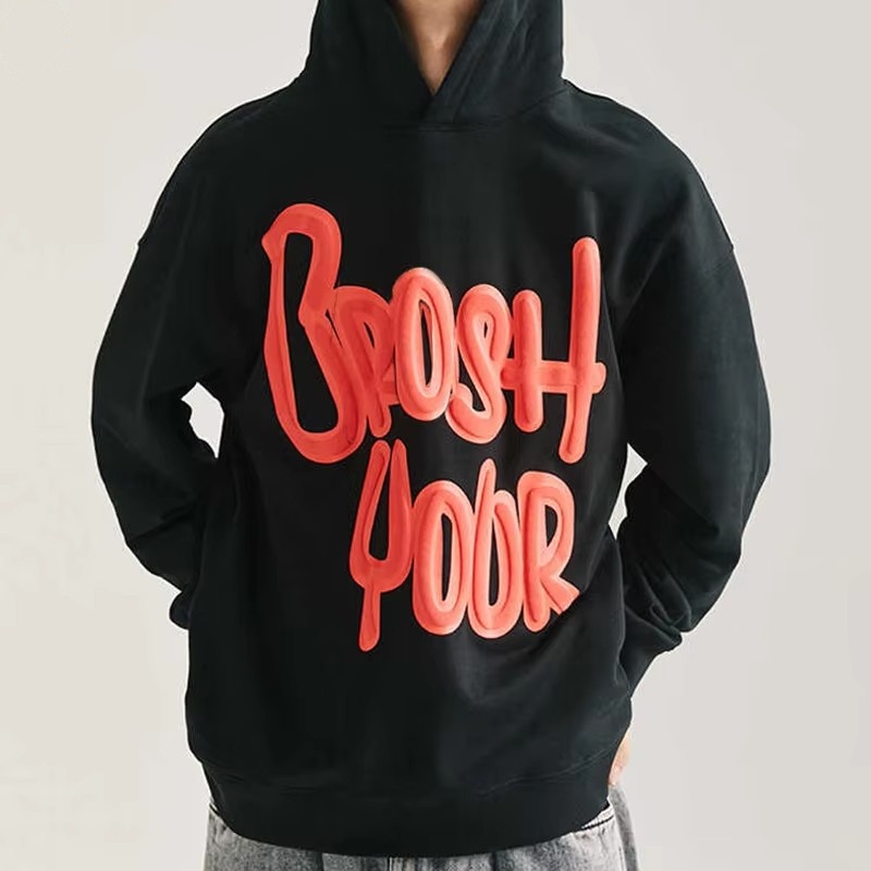 High Quality Foam Print Men Foam Printed Casual 100% Cotton Fleece 300gsm 400gsm Cotton Oversized Streetwear Pullover Hoodie
