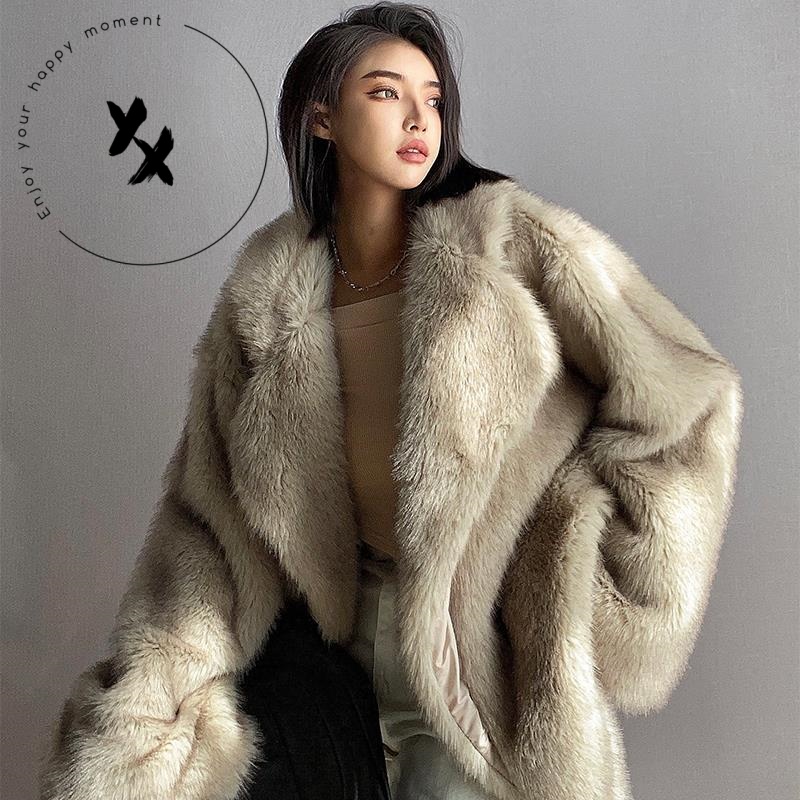 Imitation Faux Fox Fur Coat For Women Jacket Mid-length Temperament Large Lapel Loose Plush Coat