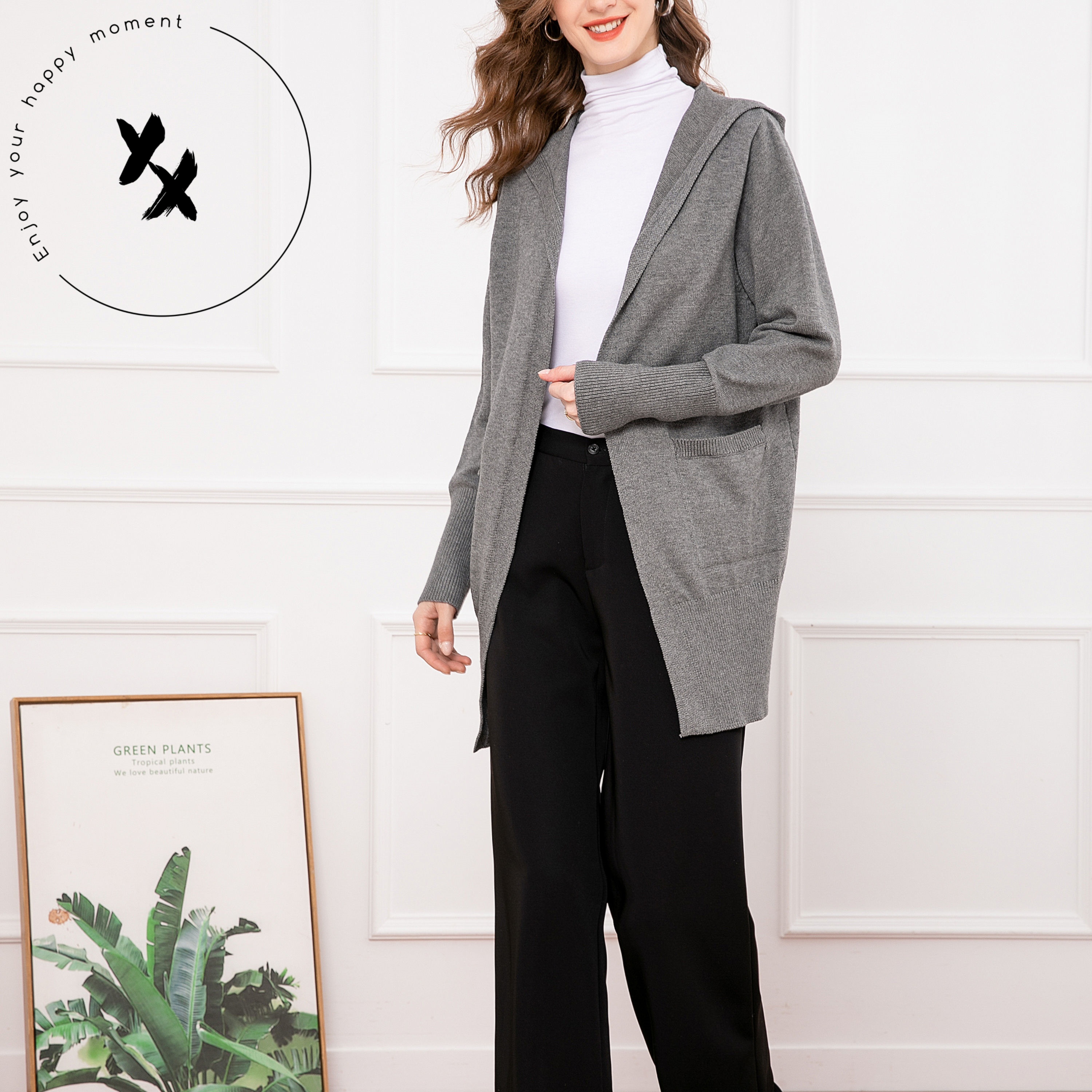 Winter Women Sweaters Woolen Hooded Classic Deep Gray Stylish Warm Open Front Long Knitwear Cardigan With Pockets For Ladies