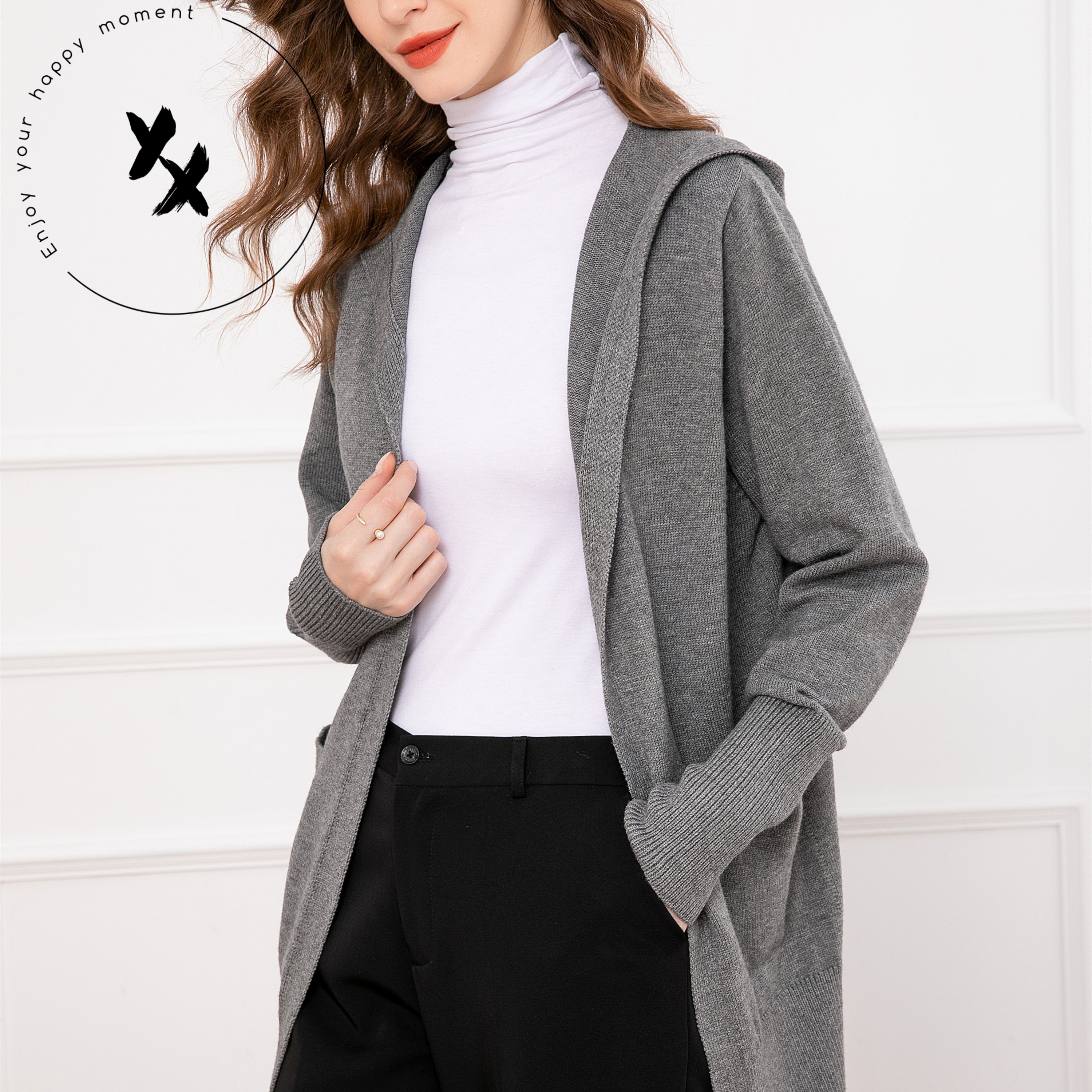 Winter Women Sweaters Woolen Hooded Classic Deep Gray Stylish Warm Open Front Long Knitwear Cardigan With Pockets For Ladies