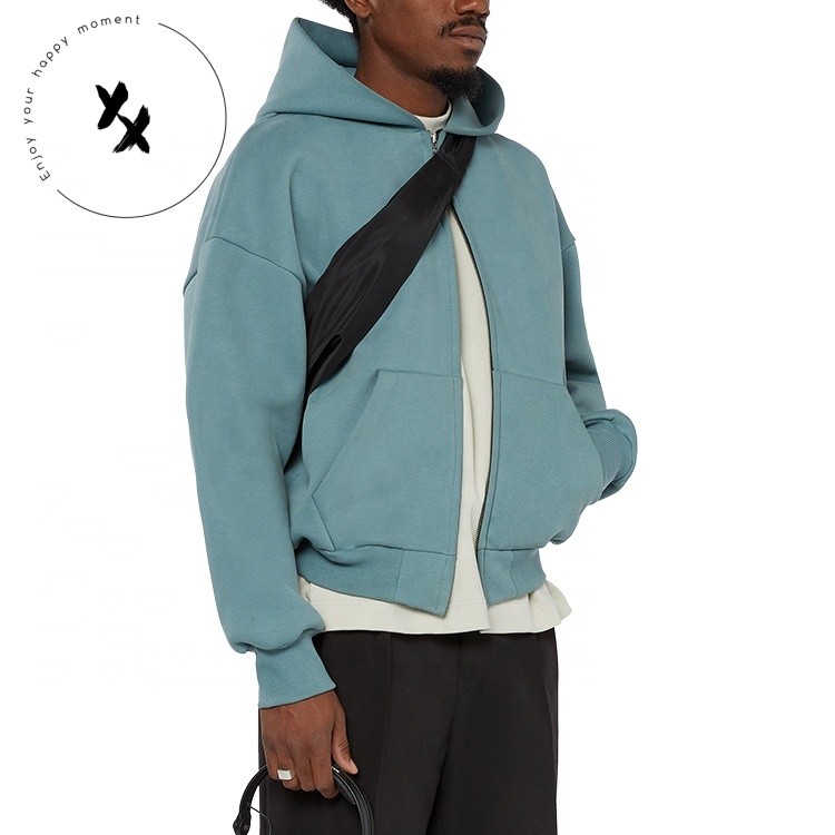 Wholesale French Terry Double Zip Hoodies Custom Oversized Sweatshirt Blank Cropped Drop Shoulder Zip Up Double Layer Hoodie Men