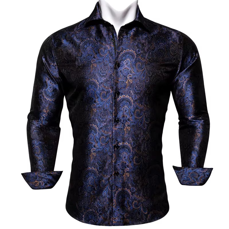 Men Autumn Long Sleeve Casual Light Royal Blue Flower Dress Shirts For Men Button