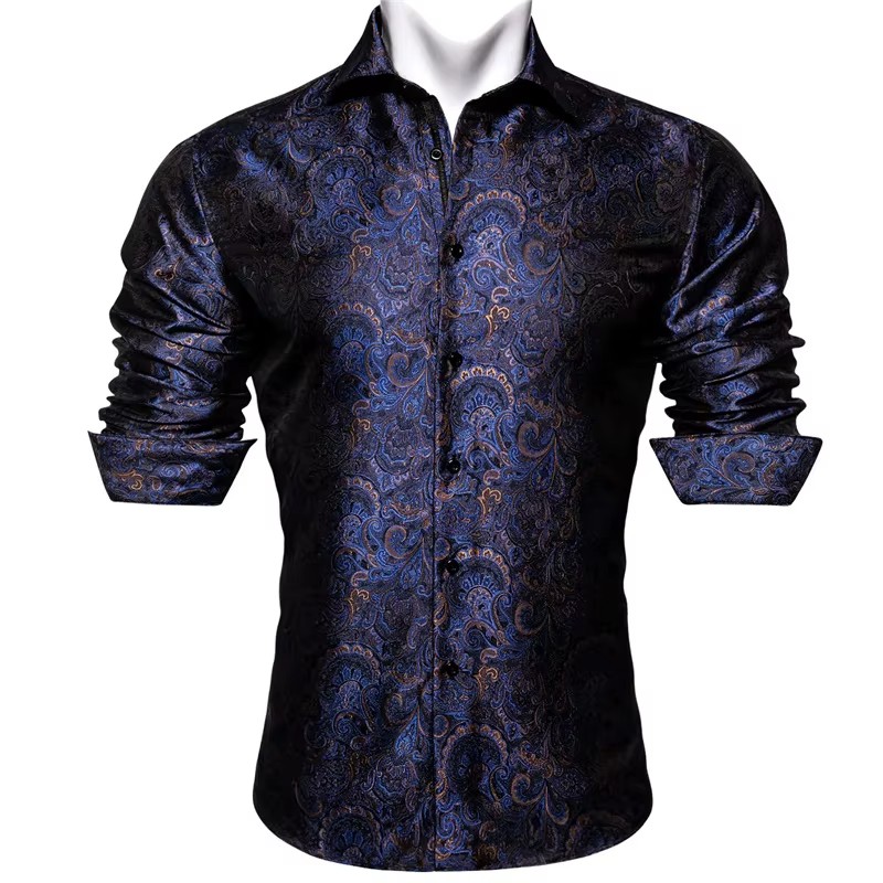 Men Autumn Long Sleeve Casual Light Royal Blue Flower Dress Shirts For Men Button