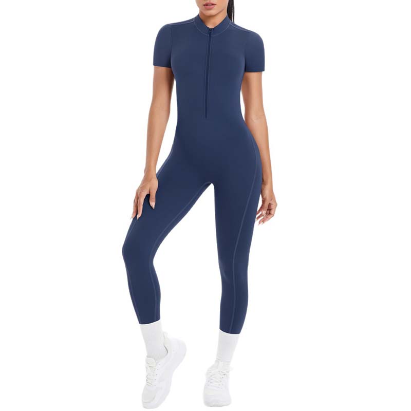 07 New European and American style open-neck zippered short-sleeved bodysuit with padded chest, beautiful back, fitness sports bodysuit, tight yoga wear