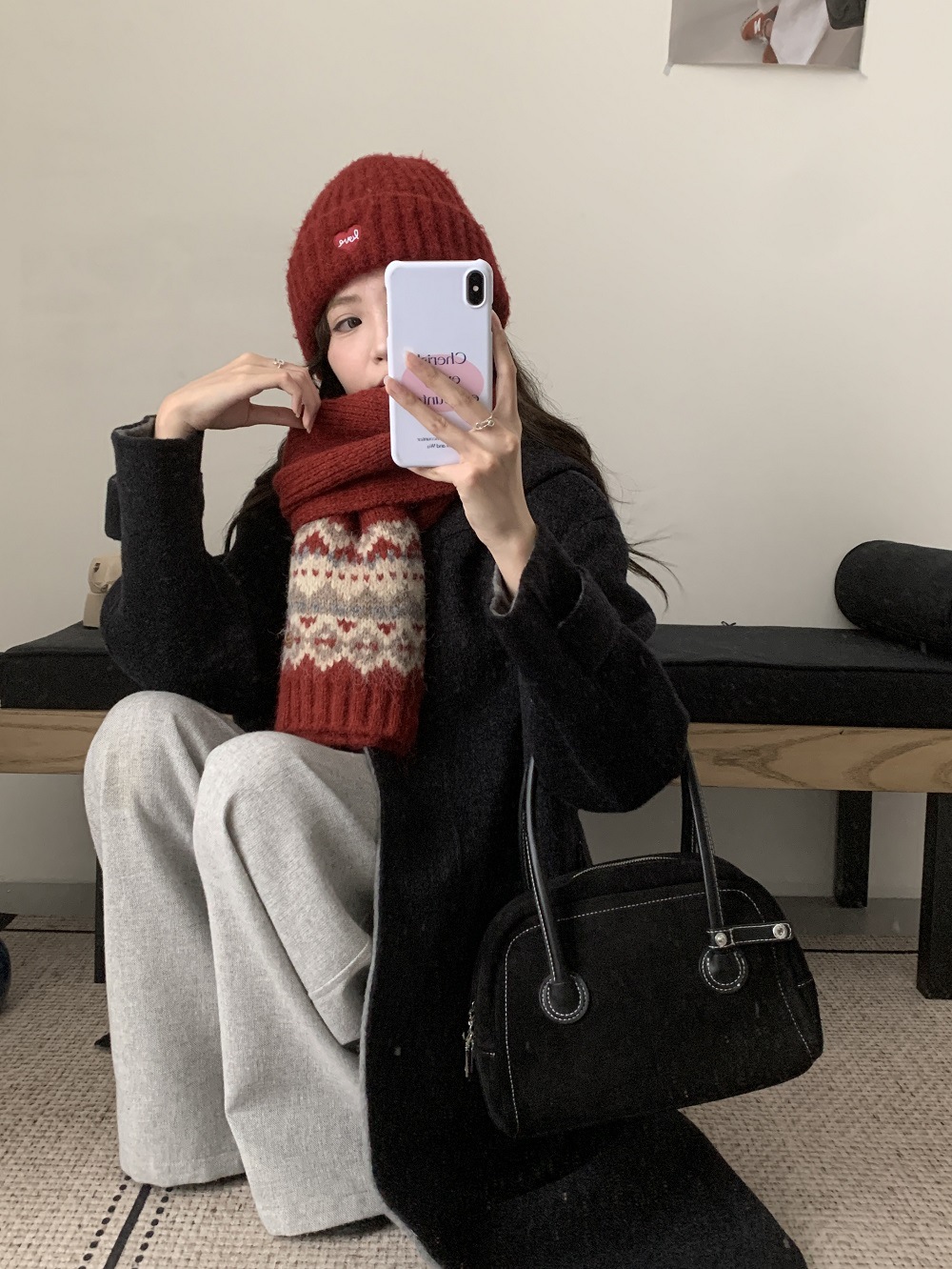 A13 Korean Style Fair Isle Christmas Knitted Scarf for Women - Wool Blend Warm Atmosphere Scarf for Students Couples Autumn Winter