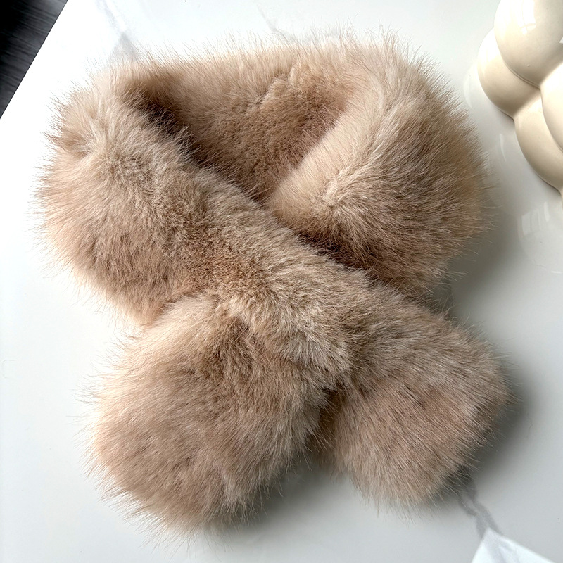 A14 Faux Fox Fur Scarf Women Winter - Minimalist Stylish Versatile Cross Wrap Collar Double-Sided Thickened Warm Plush Scarf
