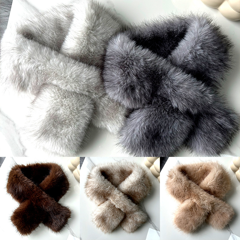 A14 Faux Fox Fur Scarf Women Winter - Minimalist Stylish Versatile Cross Wrap Collar Double-Sided Thickened Warm Plush Scarf