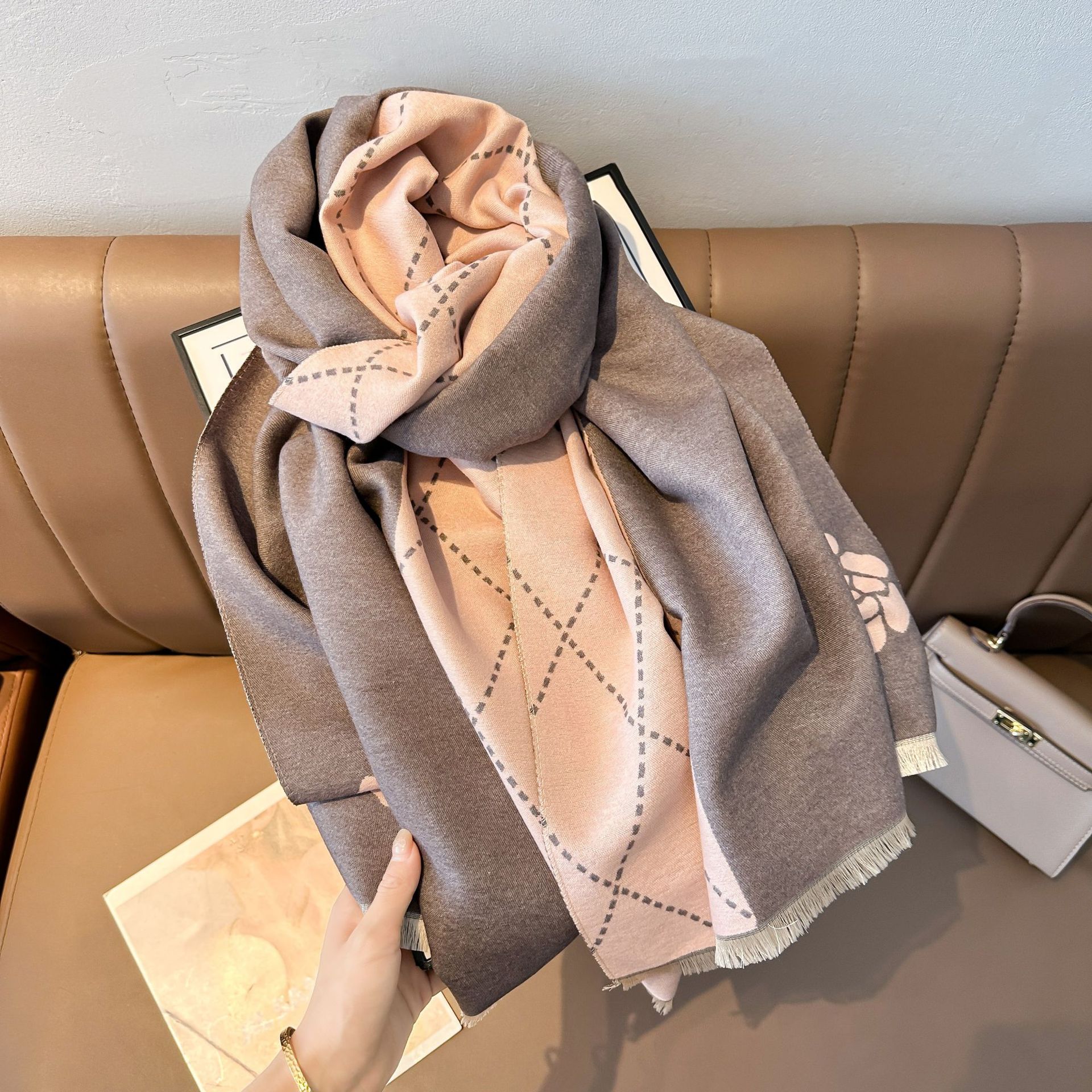 A22 Premium Light Luxury Camellia Cashmere-Like Scarf for Women,Double-Sided Warm Neck Wrap Shawl Korean Style for Autumn Winter Cross-Border