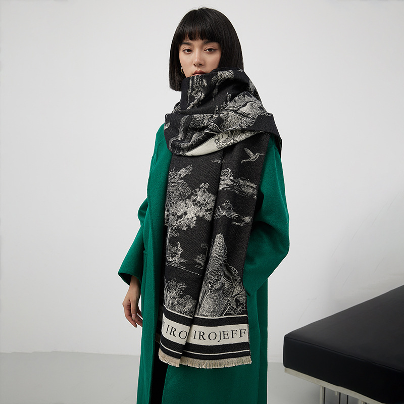 A27 Jacquard Landscape Pattern Cashmere-Like Scarf for Women - Thick Warm Long Stylish Bestseller for Office Air-Conditioned Rooms