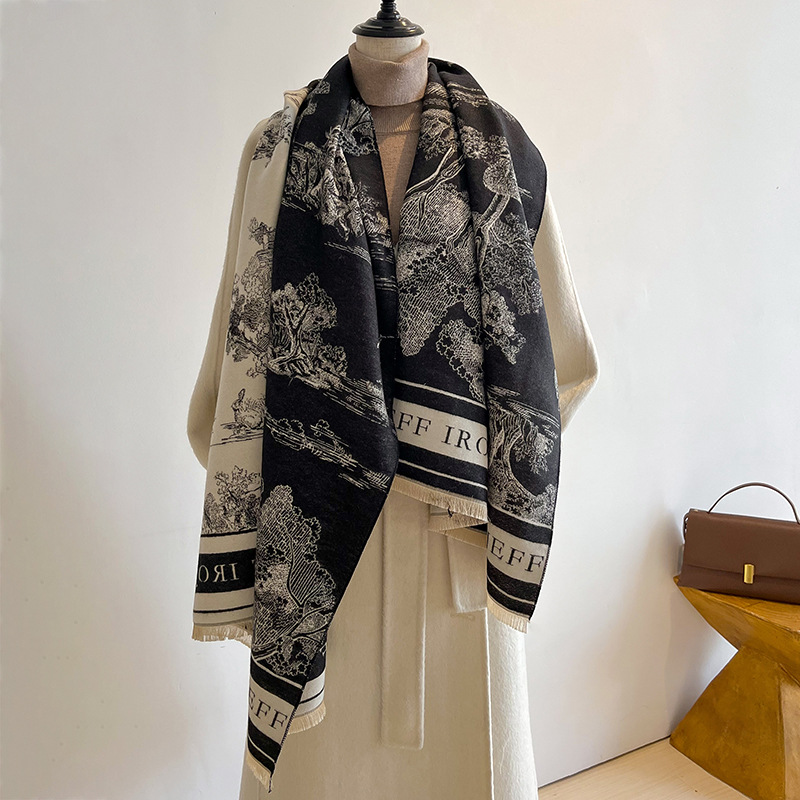 A27 Jacquard Landscape Pattern Cashmere-Like Scarf for Women - Thick Warm Long Stylish Bestseller for Office Air-Conditioned Rooms