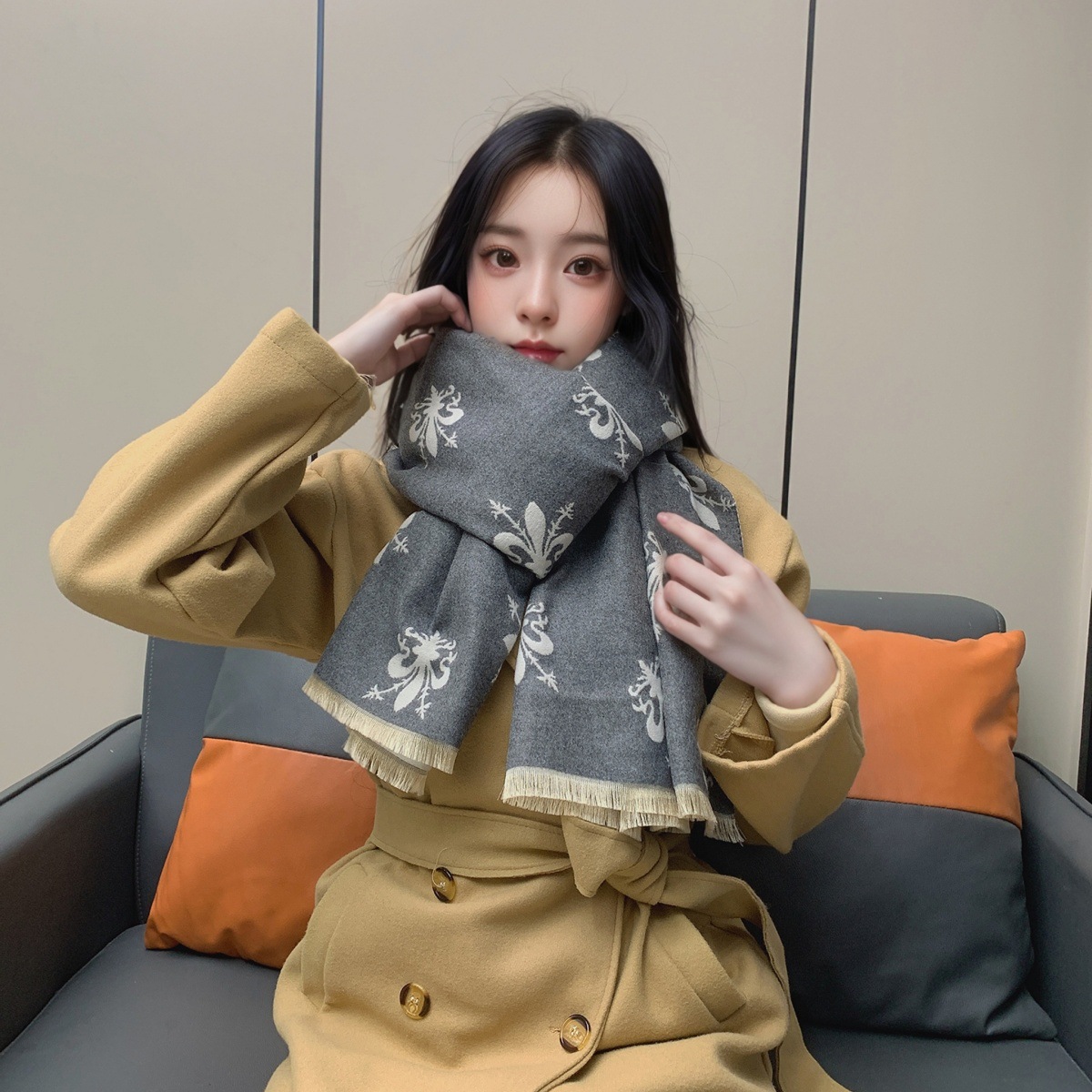 A30 Women's Winter European & American Style Florence Iris Shawl - Thickened, Versatile, Double-Sided Warm Scarf