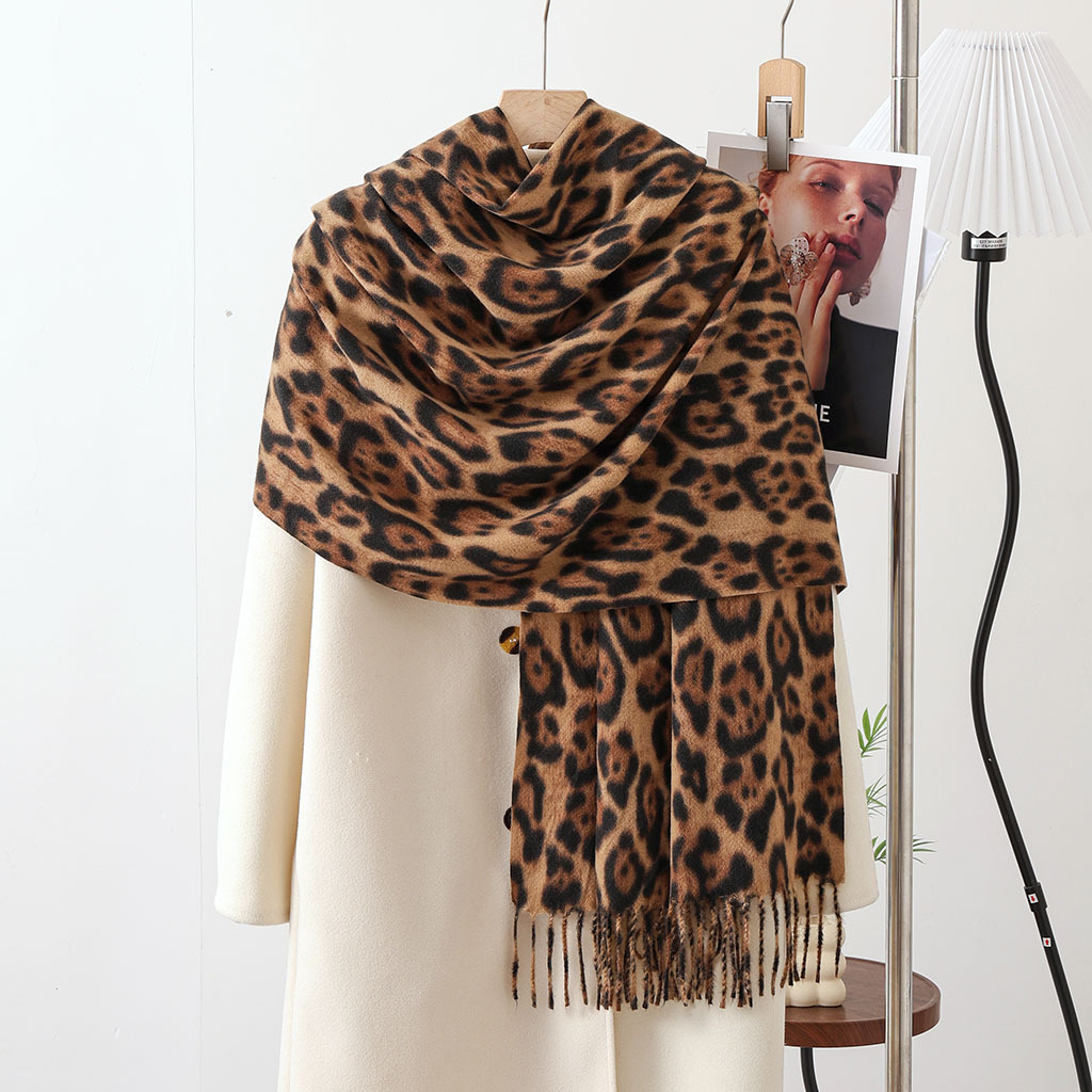 A32 Factory-Direct Leopard Print Scarf for Women - Classic Thickened Faux Cashmere Winter Scarf with Tassels, Versatile Wrap & Warm Neck Warmer (Europe & US Style)