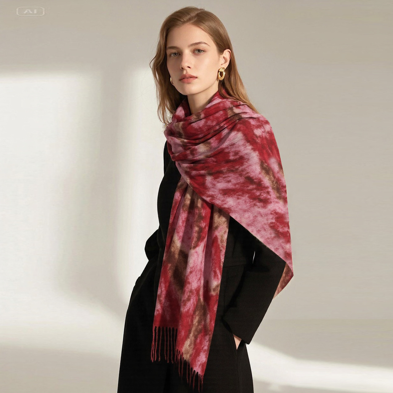 A33 TEMU New Arrival Retro Water Wave Print Faux Cashmere Scarf - Warm Versatile Winter Wrap for Women (Europe & US Trend)