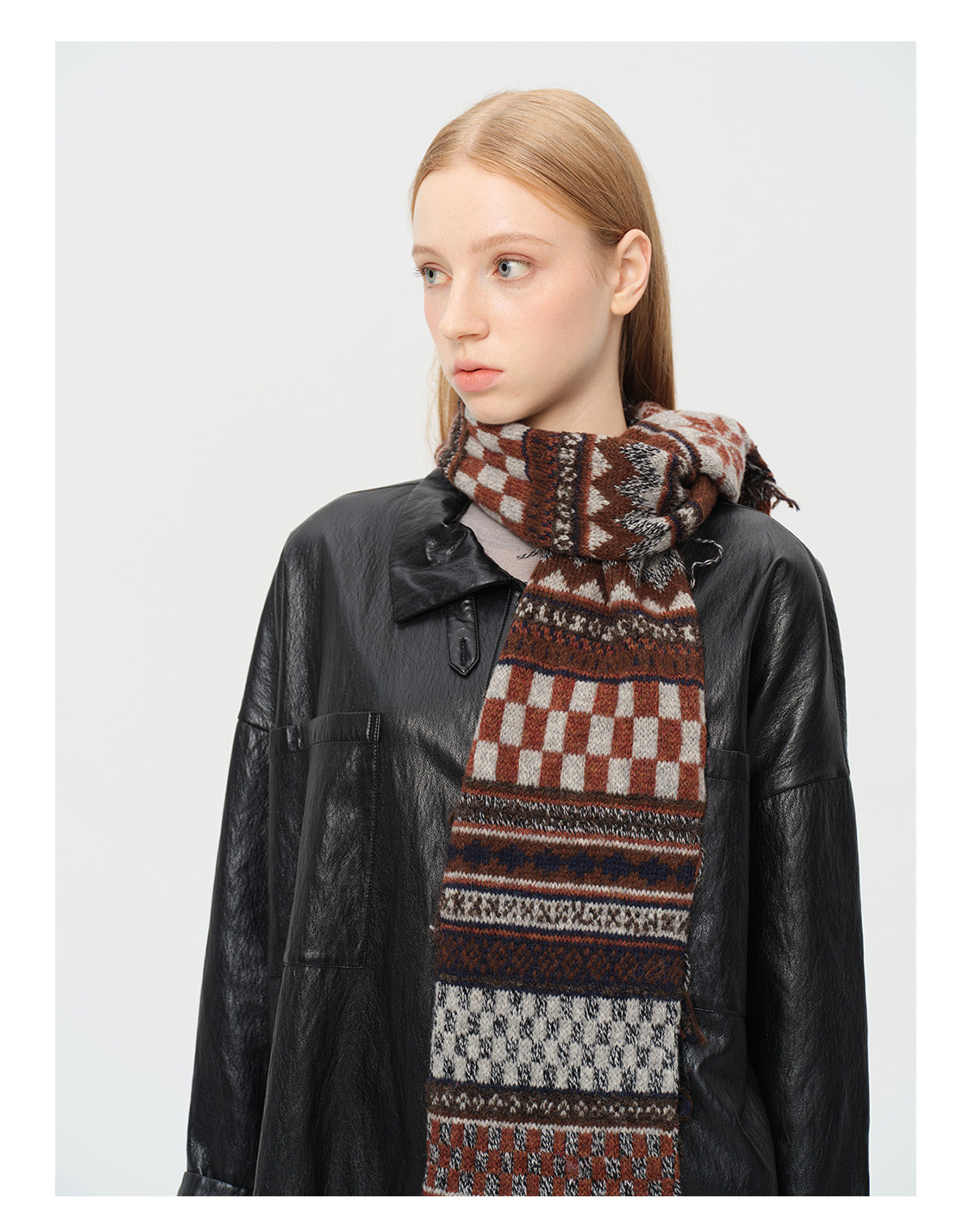 A35 Fair Isle Jacquard Knitted Scarf for Women - 50% Wool Blend Designer Piece, Retro Winter Frayed Edge Neck Warmer