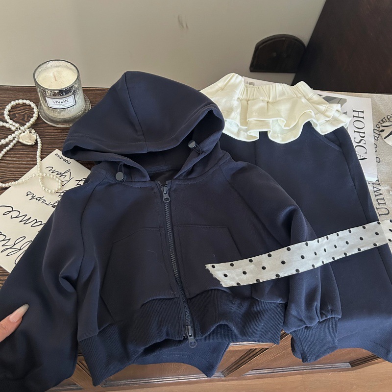 A54 Korean Style Kids' Clothing 2025 New Spring Girls' Casual Hoodie Set - Trendy Layered Hem & Pants Two-Piece