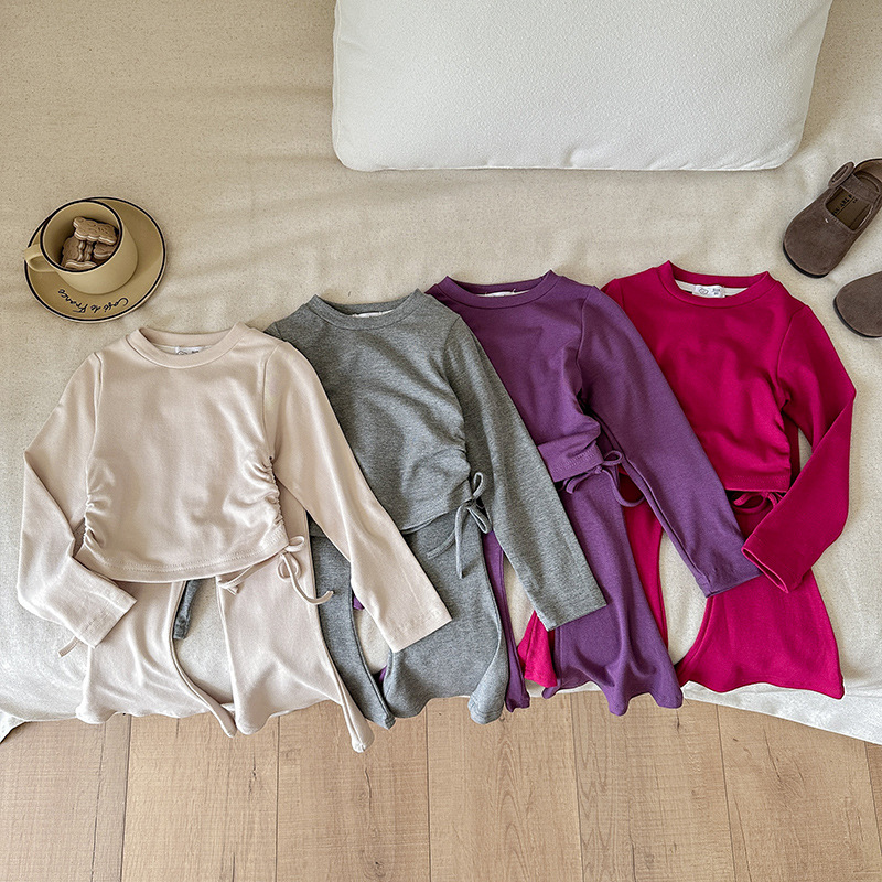 A55 2025 New Korean Girls' Two-Piece Set - Slim Solid Top with Flared Pants Trendy Outfit for Spring & Autumn