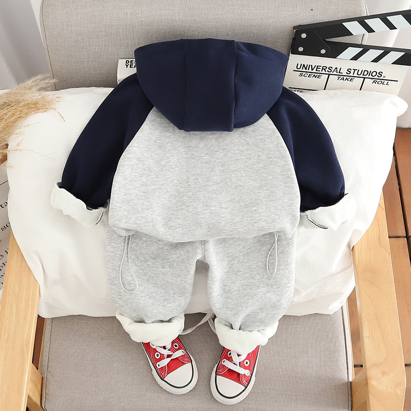 A57 Winter New Arrival Boys' Warm Hoodie & Pants Set - Fleece-Lined Zip-Up Two-Piece Sport Outfit for Baby Boys
