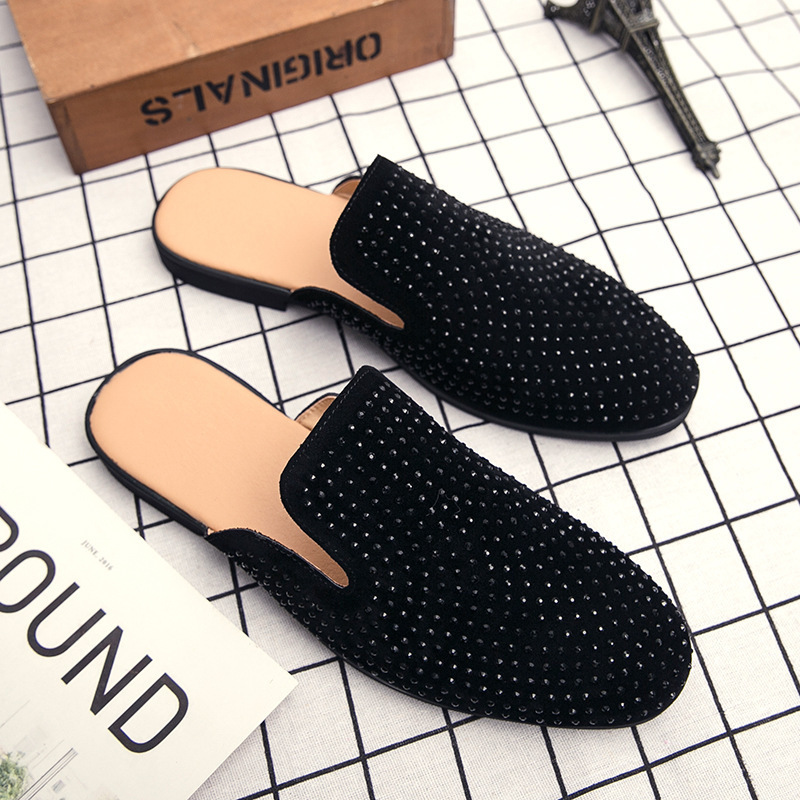 30 Men's casual sandals, loafers, trendy half-slippers, summer popular rhinestone-embellished backless slip-on leather shoes