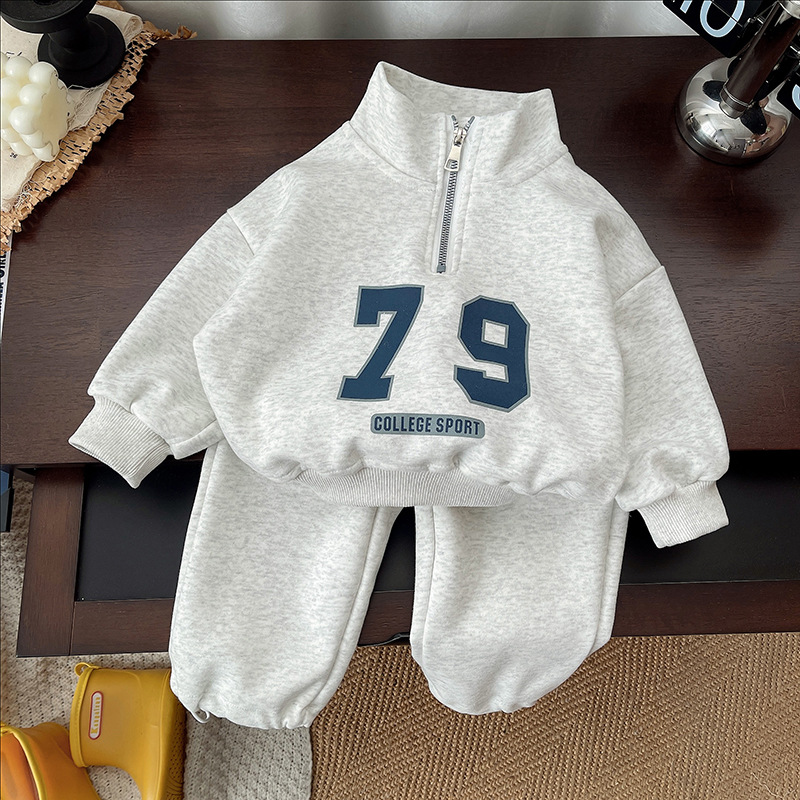 A59 Boys' Spring Outfit 2025 New Style Fashionable Long-Sleeve Stand-Collar Half-Zip Set Toddler Spring Sweatshirt Infant Sports Wear