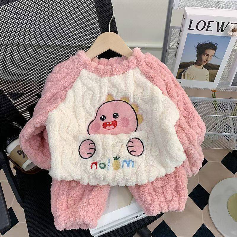 A62 Cross-Border Kids Flannel Pajamas Set Winter Autumn Cute Dinosaur Coral Fleece Loungewear for Girls Toddlers